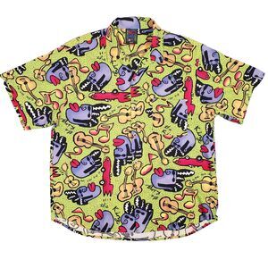 Vintage Big Hed Designs The King Elvis Camp Shirt Mens Large Green AOP 90s RARE!